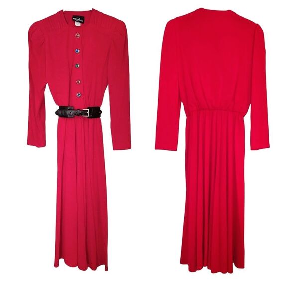 VTG 80s Red Colorful Jeweled Button Top Midi Party Dress 9/ 10 *Fits like Med - Picture 3 of 13